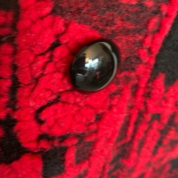 SIMON CHANG wool coat, Red/black great texture shawl collar leather trim 10 EUC - Picture 12 of 17